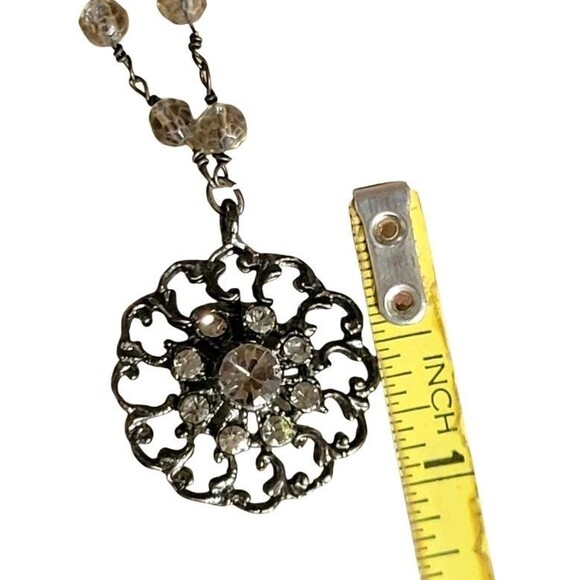 VTG Dainty Rhinestone Faux Pearl Gun Metal Victorian Revival Pendant Necklace - Picture 6 of 7